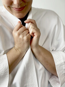 woman experience comfort in her patient robe