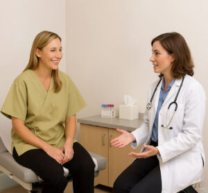 Female patient in a green mammo gown speaking with a female doctor